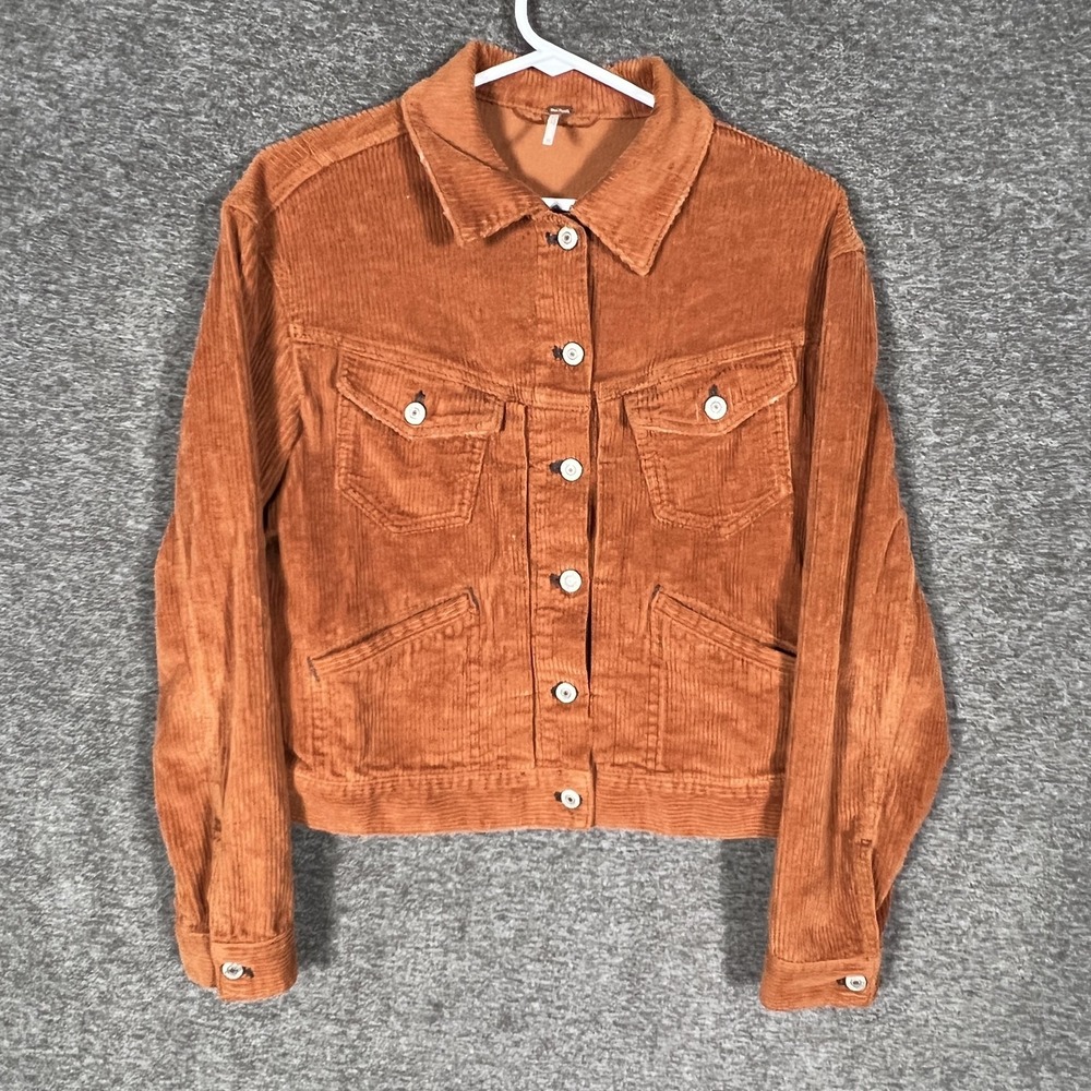 Free People Jacket Womens XS Orange Rust Corduroy Trucker‎ Button Front Cropped